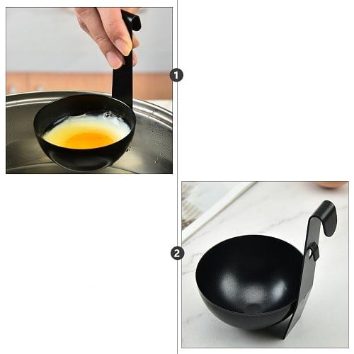Pocheuse à œuf en inox noir antiadhésif avec et sans œuf.